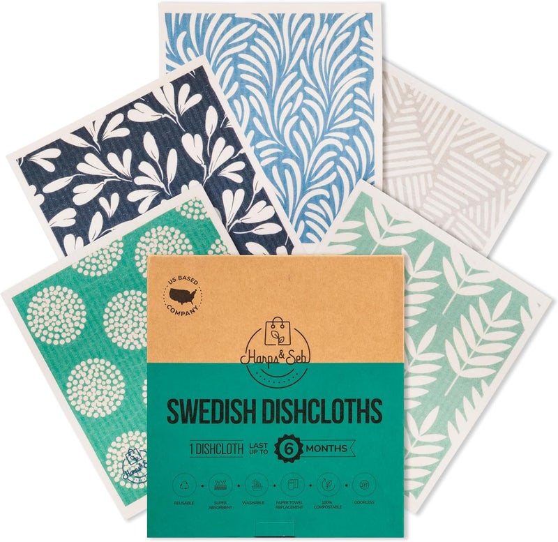 Harps&Seb Swedish Dishcloths for Kitchen Dish Towels - 5 Pack, Non-Scratch Reusable Paper Towels, Super Absorbent Washable Swedish Dish Cloths, No Odor, Biodegradable, Blue Design - Image 1
